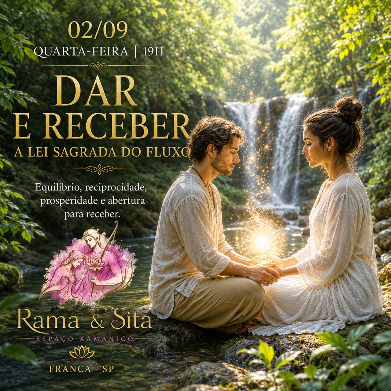 Capa: DAR E RECEBER — A LEI SAGRADA DO FLUXO. Equilíbrio, reciprocidade, prosperidade e abertura para receber. Uma vivência sobre a capacidade de reconhecer que a vida é movimento: dar, receber, compartilhar e permitir-se acolher.