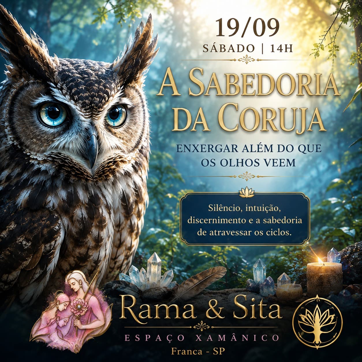 Capa: A SABEDORIA DA CORUJA — ENXERGAR ALÉM DO QUE OS OLHOS VEEM. Silêncio, intuição, discernimento e a sabedoria de atravessar os ciclos. A Coruja nos convida ao silêncio e à observação para reconhecer aquilo que precisa ser visto e atravessar as mudanças com consciência.